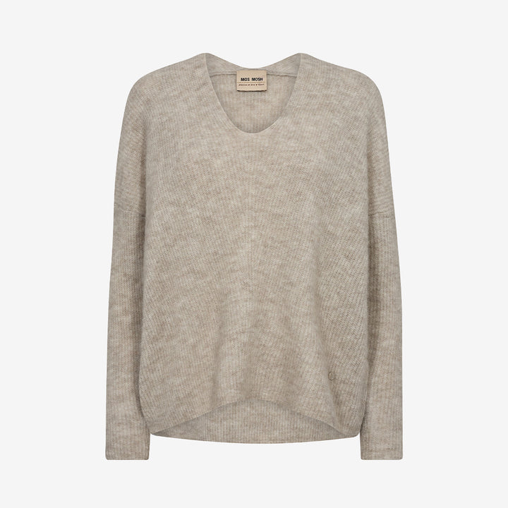 Beige stickad pullover med V-ringning i mjuk alpaca- och ullblandning.