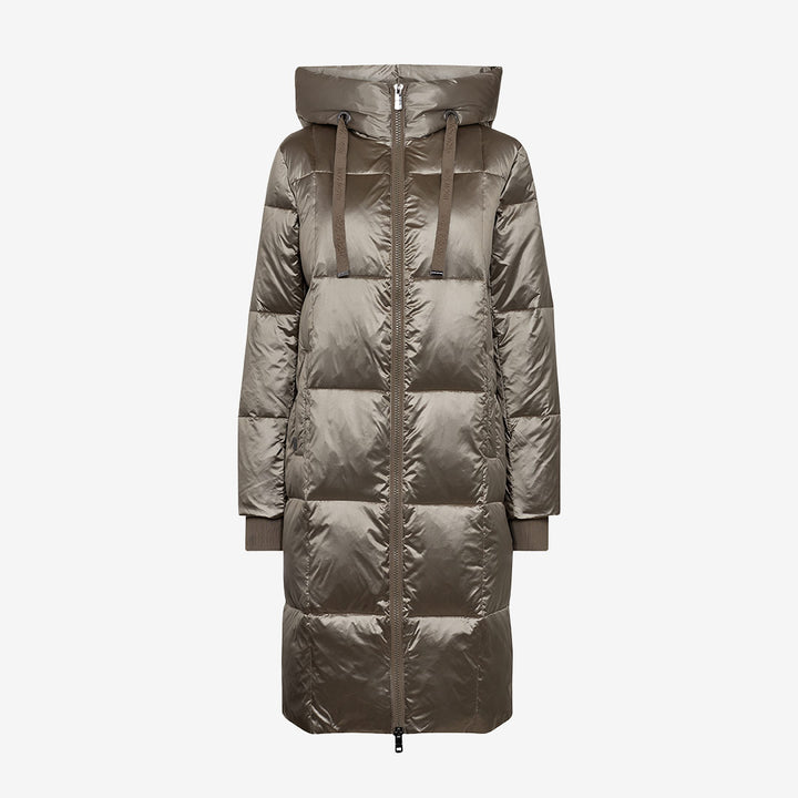 Mos Mosh lång dunkappa i metallic nylon med hög krage och dragkedja

