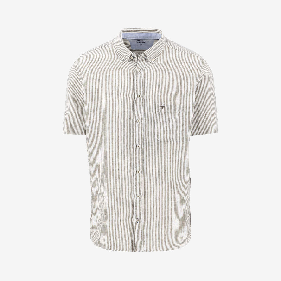 Fynch-Hatton Linen Stripe Shirt dark khaki kortärmad linneskjorta herr