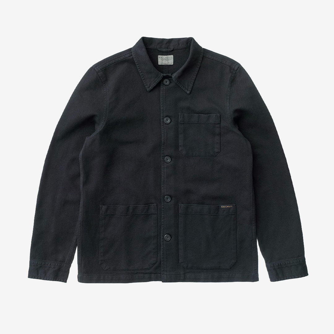 Nudie Jeans Barney Worker Jacket för herr i Black med klassisk krage och tre utanpåliggande fickor.