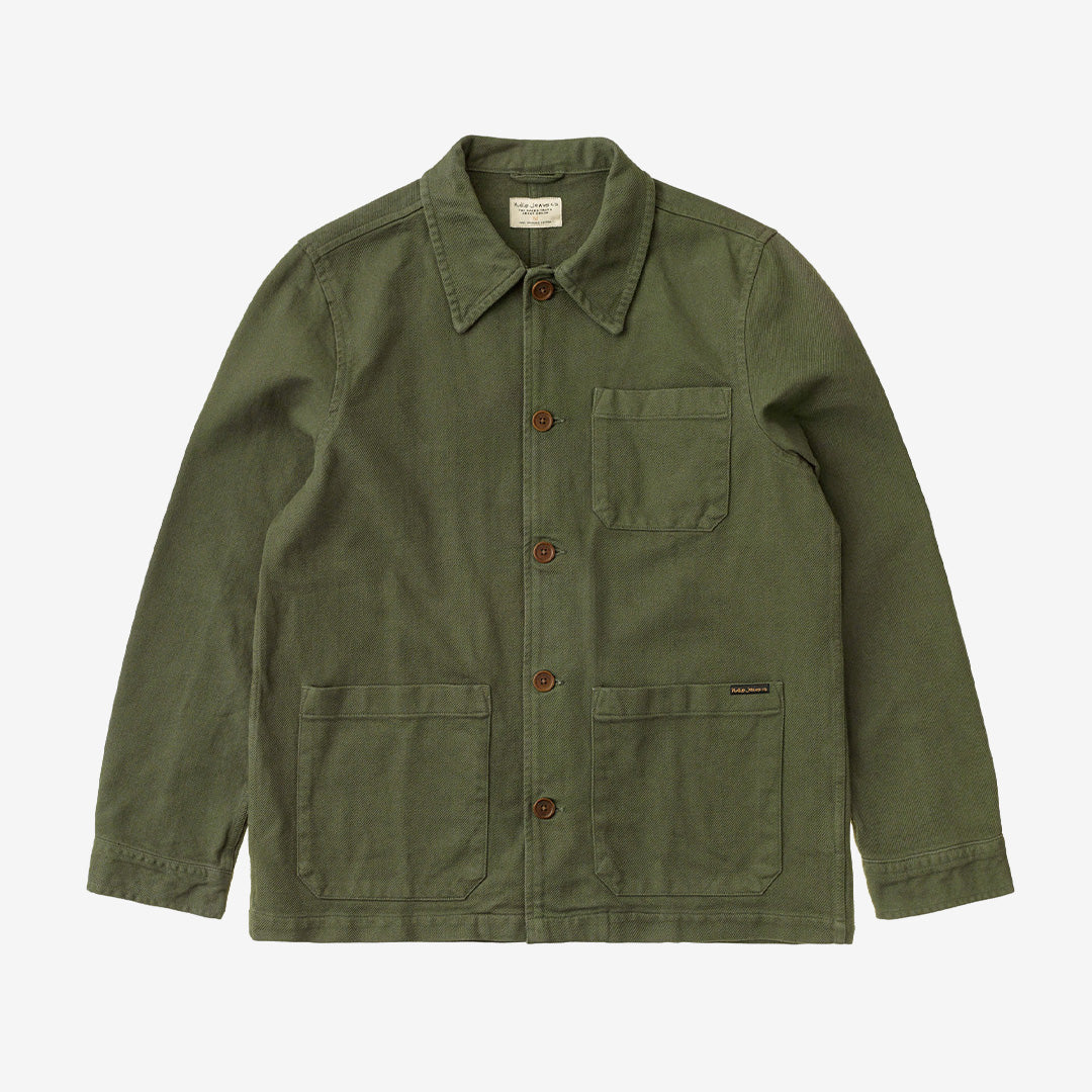 Nudie Jeans Barney Worker Jacket för herr i Olive med klassisk krage och tre utanpåliggande fickor.