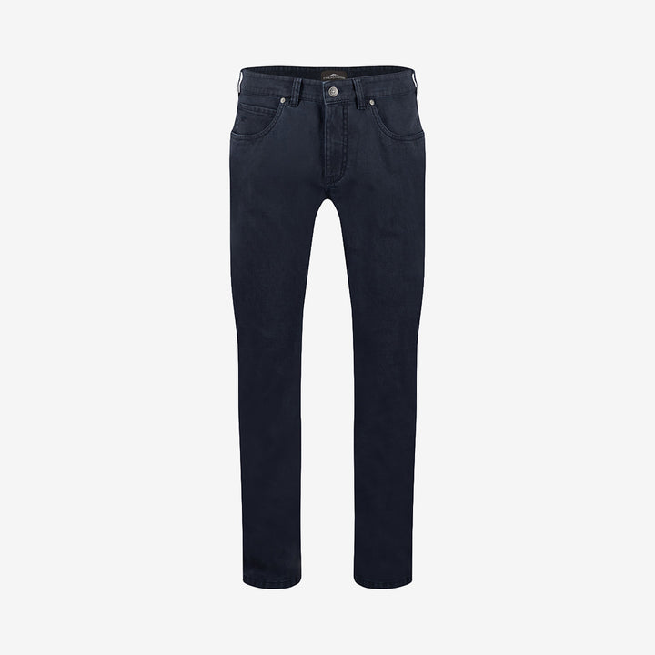Fynch Hatton Microprint 5-Pocket byxor i Ink Blue med klassisk 5-pocket-design och stretchig bomullskvalitet.