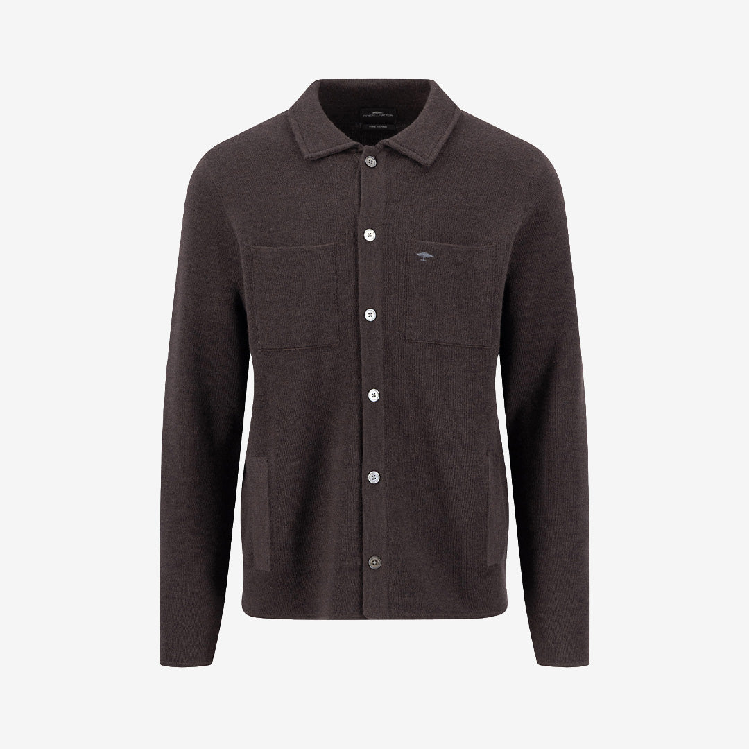Fynch Hatton Polo Button Cardigan i Soil med polokrage, knappstängning och mjuk merinoull.