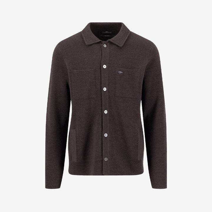 Fynch Hatton Polo Button Cardigan i Soil med polokrage, knappstängning och mjuk merinoull.