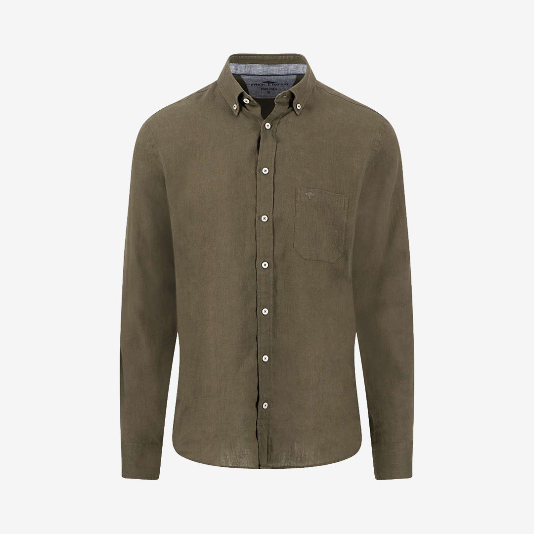 Premium Linen, B.D., 1/1 långärmad linneskjorta från Fynch-Hatton i dark khaki med button-down krage
