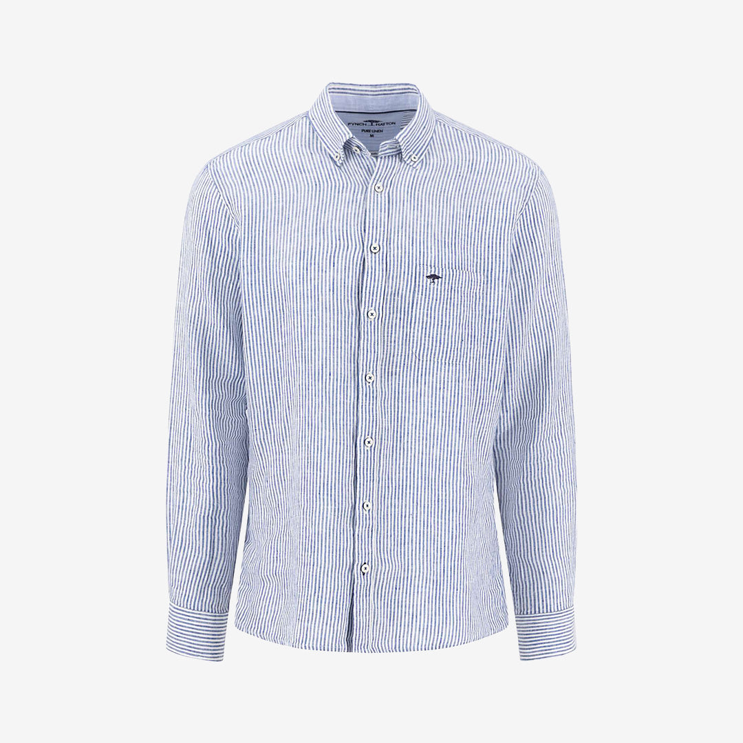 Classic Linen Stripe, B.D., 1/1 långärmad linneskjorta från Fynch-Hatton i harbor blue med button-down krage