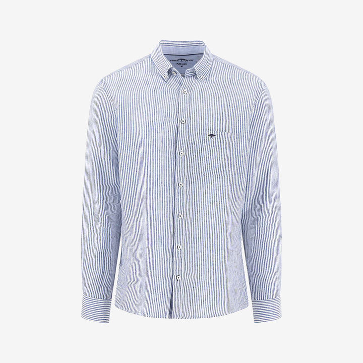 Classic Linen Stripe, B.D., 1/1 långärmad linneskjorta från Fynch-Hatton i harbor blue med button-down krage