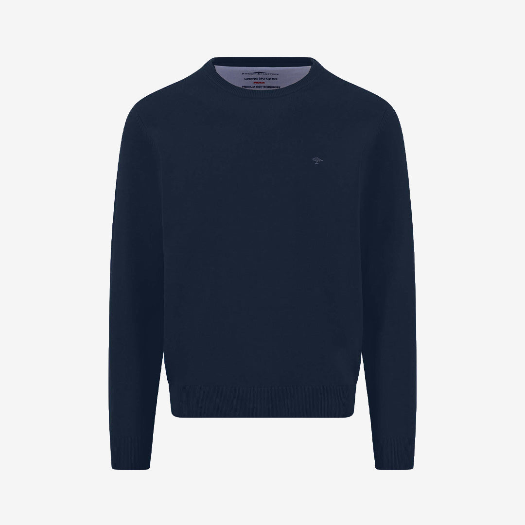 Fynch Hatton O-Neck Superfine tröja i Ink Blue med rund hals och mjuk bomullskvalitet.