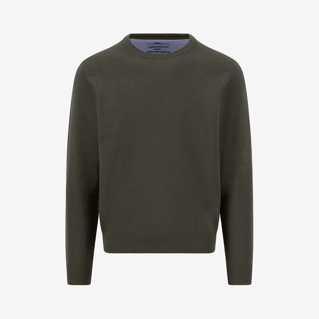 Fynch Hatton O-Neck Superfine tröja i Cypress med rund hals och mjuk bomullskvalitet.
