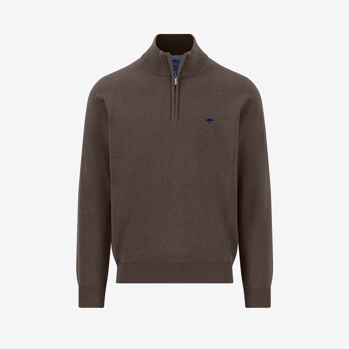 Fynch Hatton Troyer-Zip Superfine tröja i Dark Chocolate med dragkedja vid kragen och mjuk bomullskvalitet.
