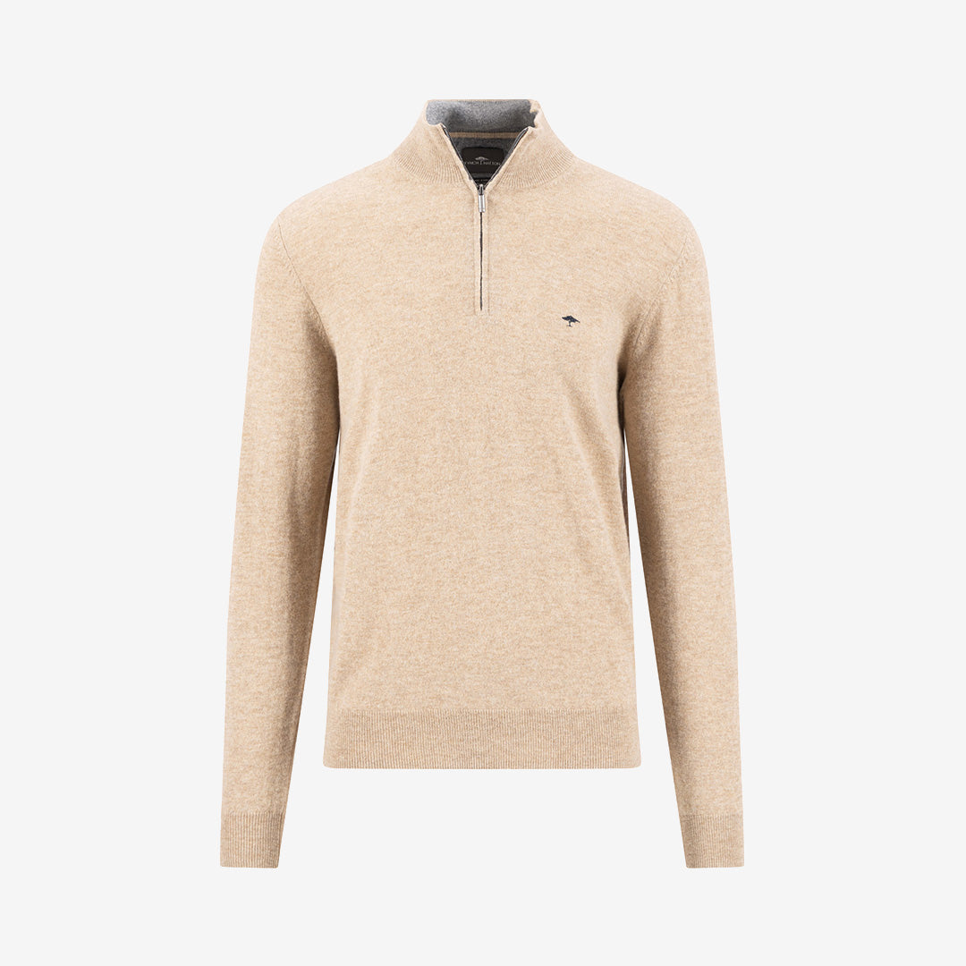 Fynch Hatton Troyer-Zip Merino Cashmere tröja i Taupe med kort dragkedja och mjuk kvalitet.
