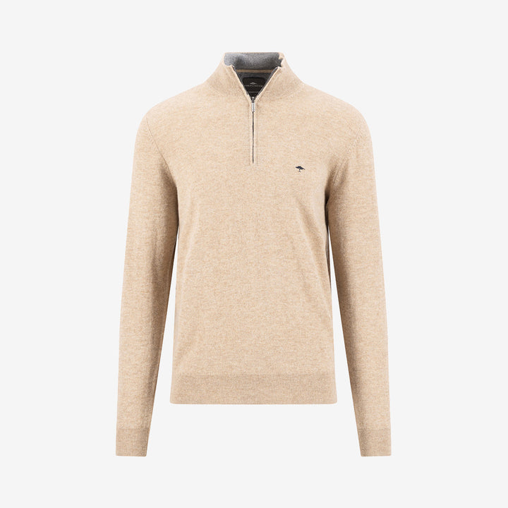 Fynch Hatton Troyer-Zip Merino Cashmere tröja i Taupe med kort dragkedja och mjuk kvalitet.