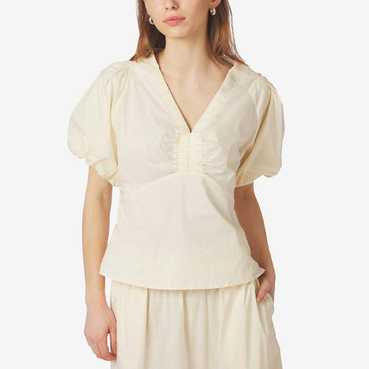 Neo Noir poplin blus butter yellow med figursydd passform och dekorativ ringning