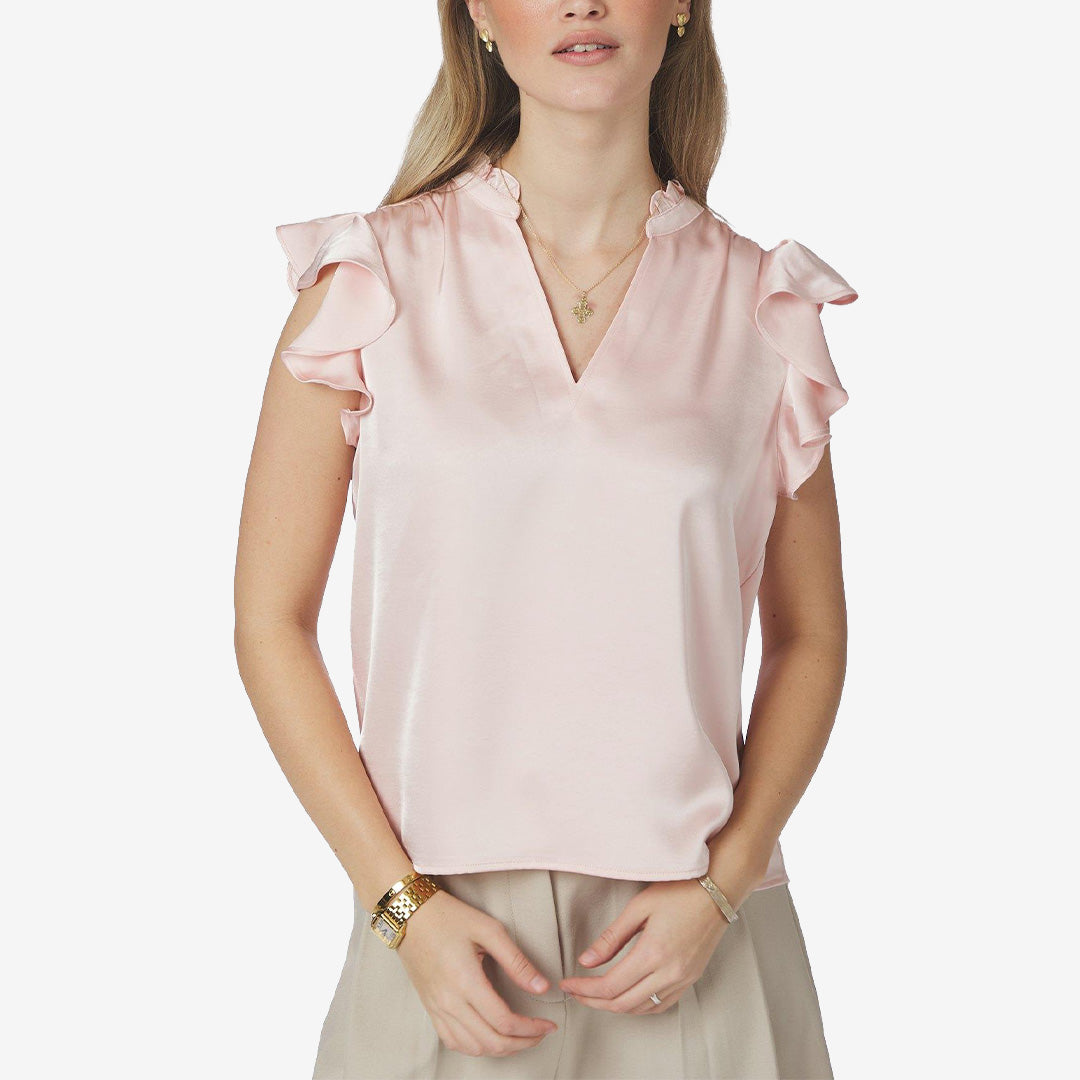 Ljusrosa satinblus med öppning framtill och draperade ärmar, Stella Heavy Sateen Blouse