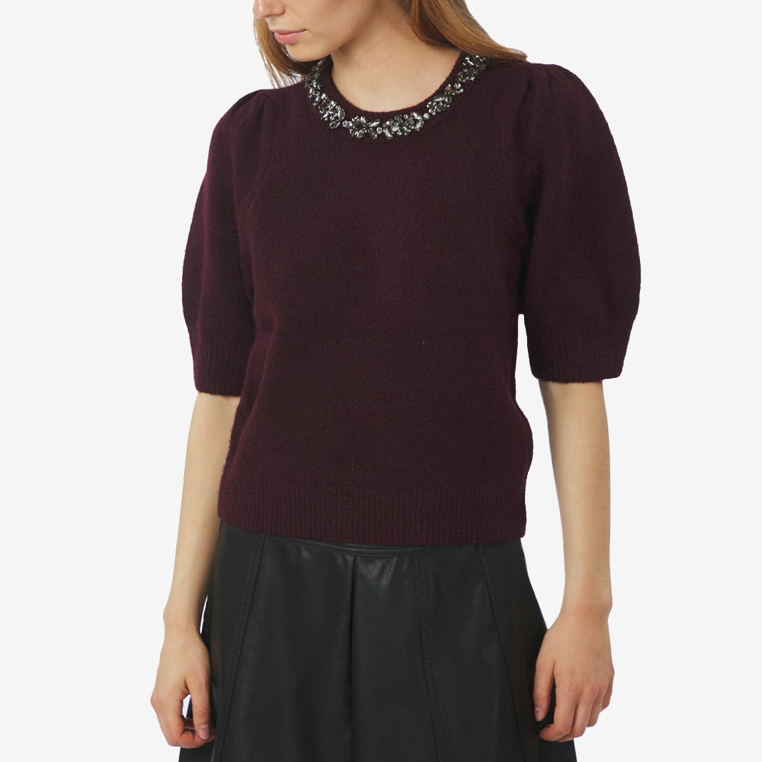 Stickad blus med kort ärm i vinröd nyans – Maia Stone Knit