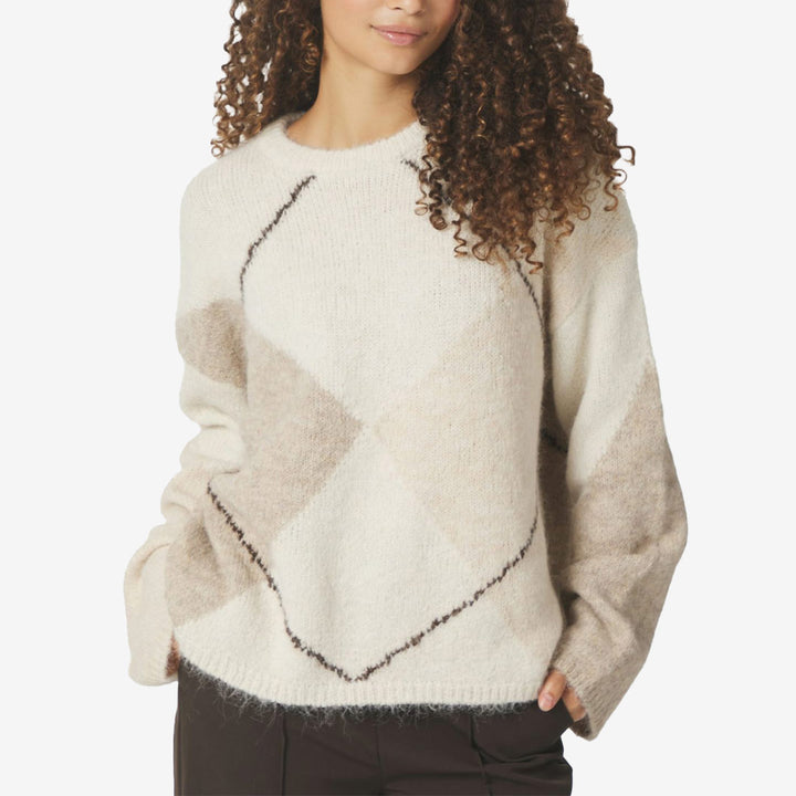 Neo Noir Inga Check Fluff Knit Blouse oversized stickad tröja dam argyle mönster Cream