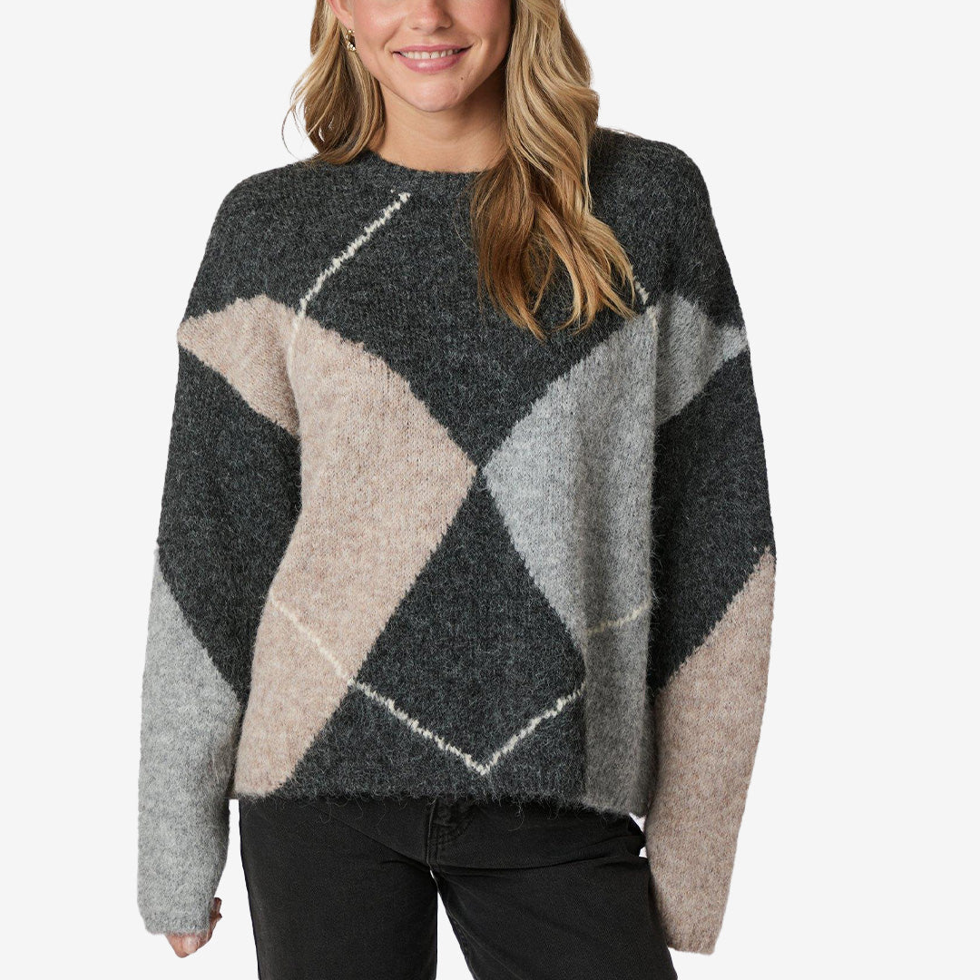 Oversize stickad tröja i antracit med argylemönster och fluffig textur