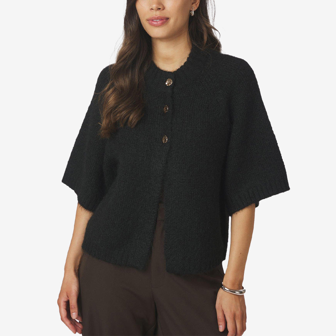 Svart boxy cardigan med fluffig textur, knappar och vida ärmar