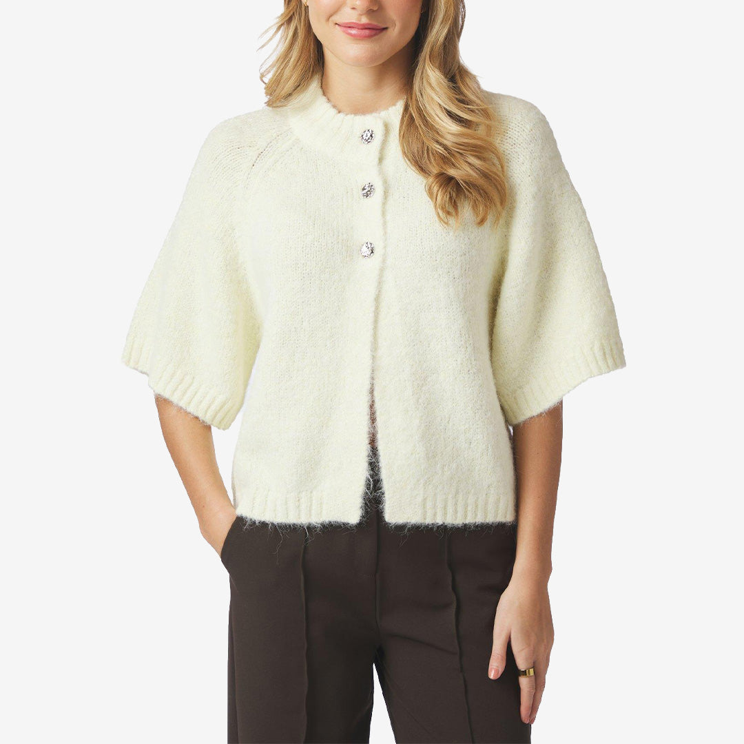 Ljusgul fluffig cardigan med vida ärmar och knappar framtill, boxig modell