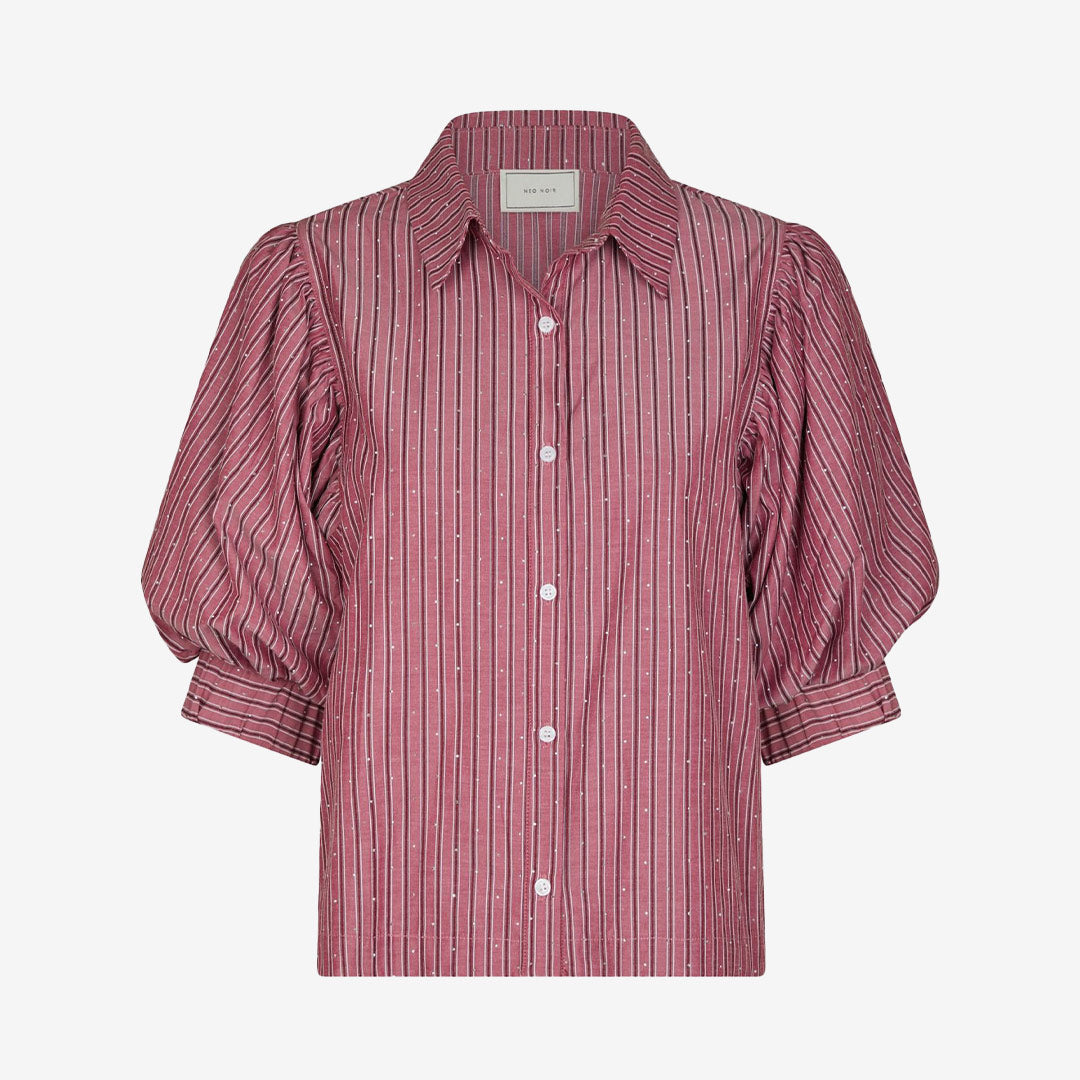 Neo Noir Etta Soft Stripe Shirt – randig blus i dark rose med volangdetalj

