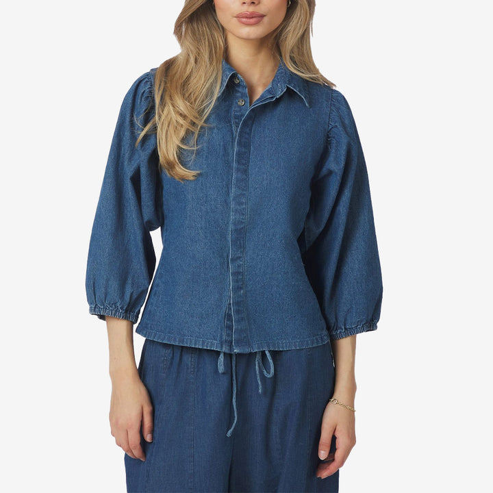 Neo Noir Wandana Denim Blouse blue jeansblus för dam med puffärmar
