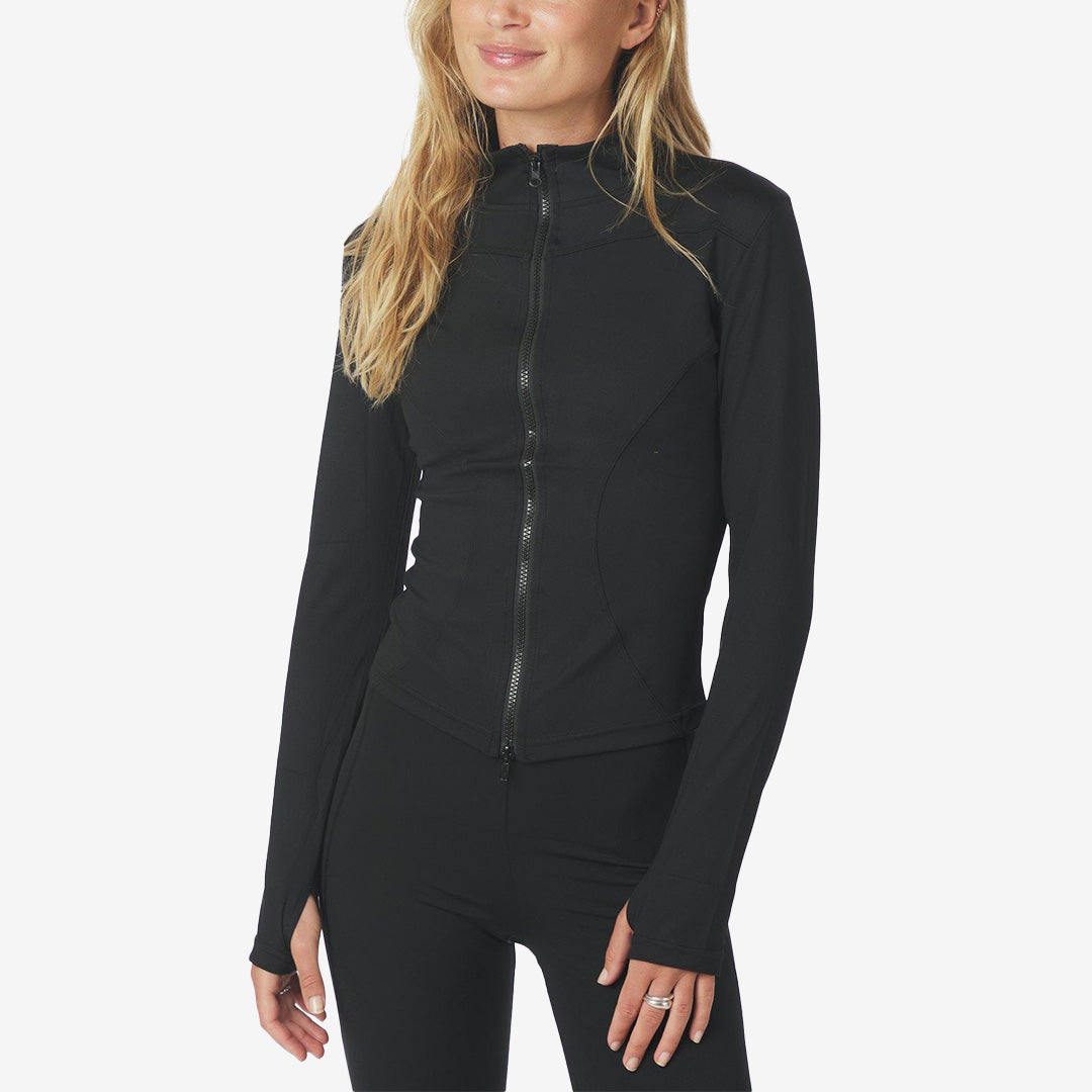 Svart figursydd blus med dragkedja och hög krage – Nolana Zip Blouse