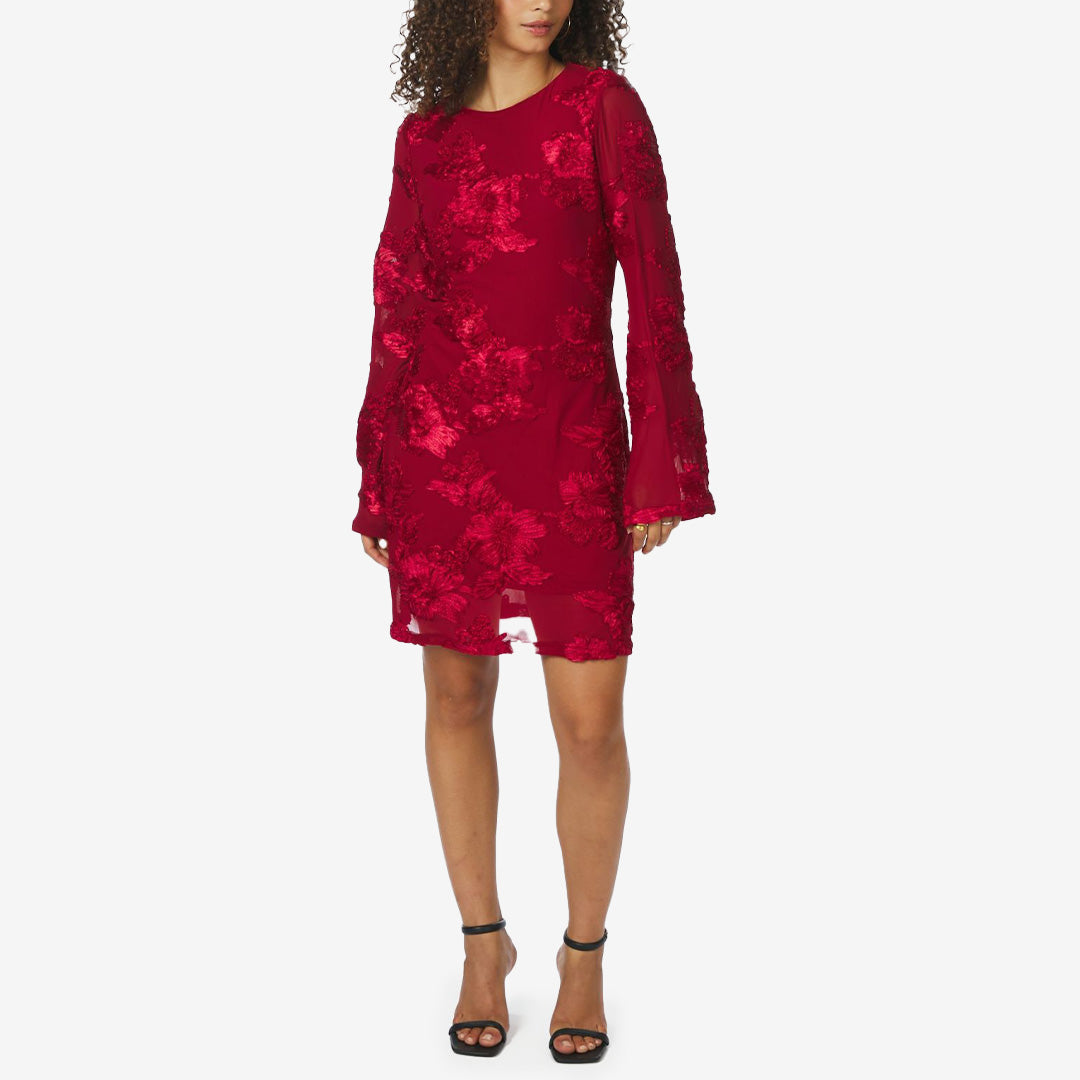 Dirina mesh dress red – röd kort klänning i blomstrad mesh med tubärmar
