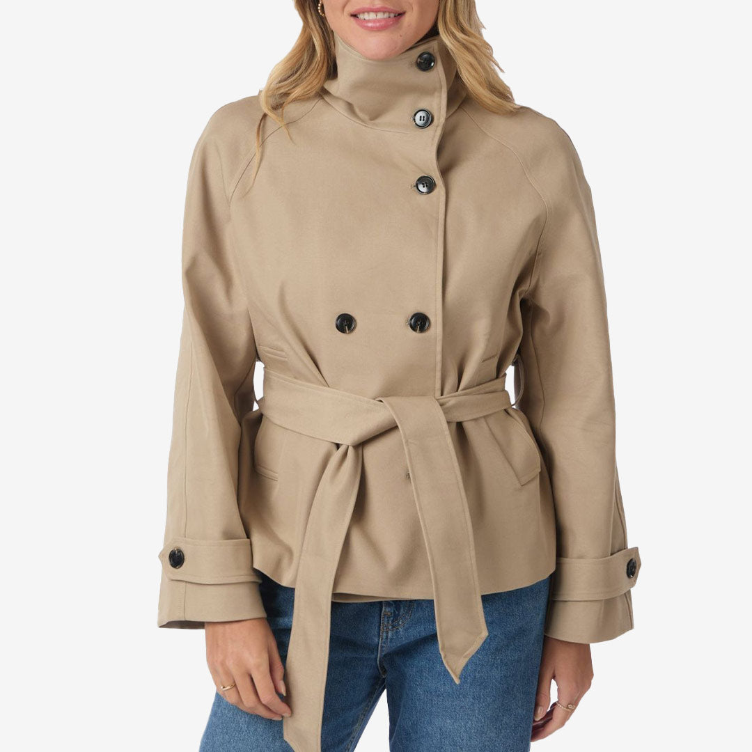 Neo Noir kort trenchjacka sand dam med hög krage och knappar fram