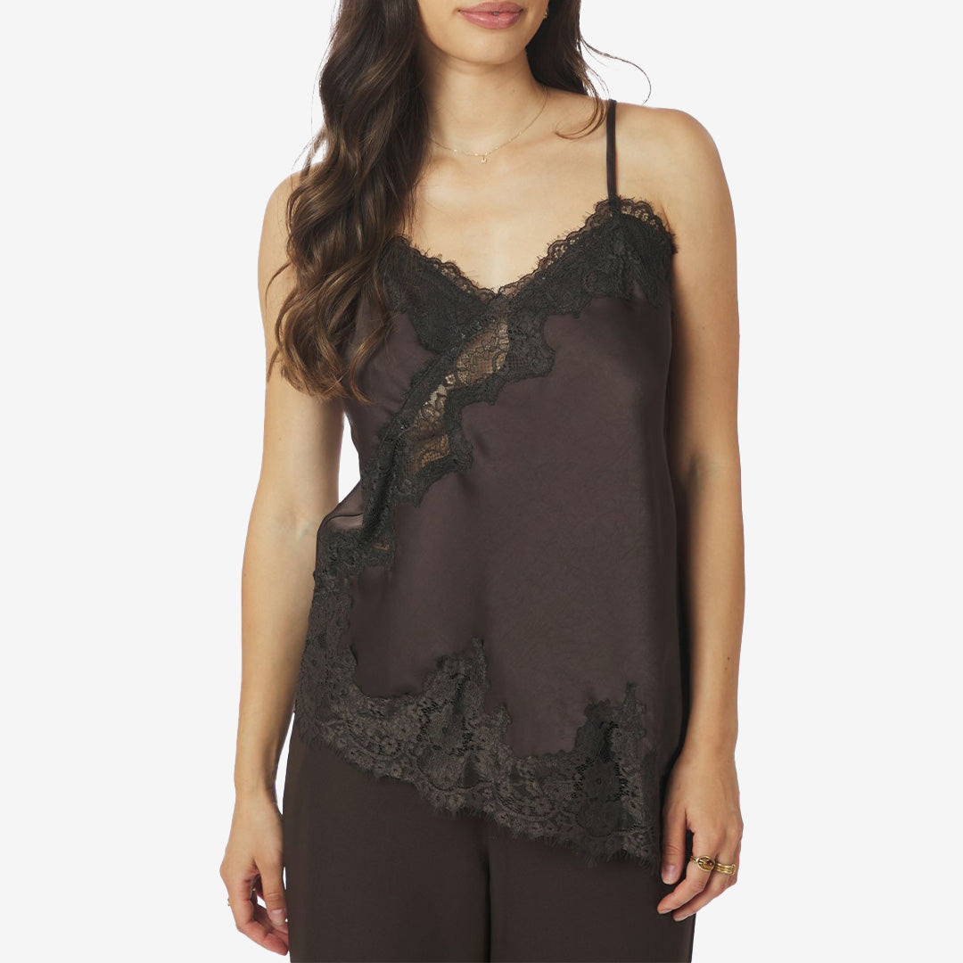 Linne i mörkbrun satin med asymmetrisk spetsdetalj – Viole Lace Top