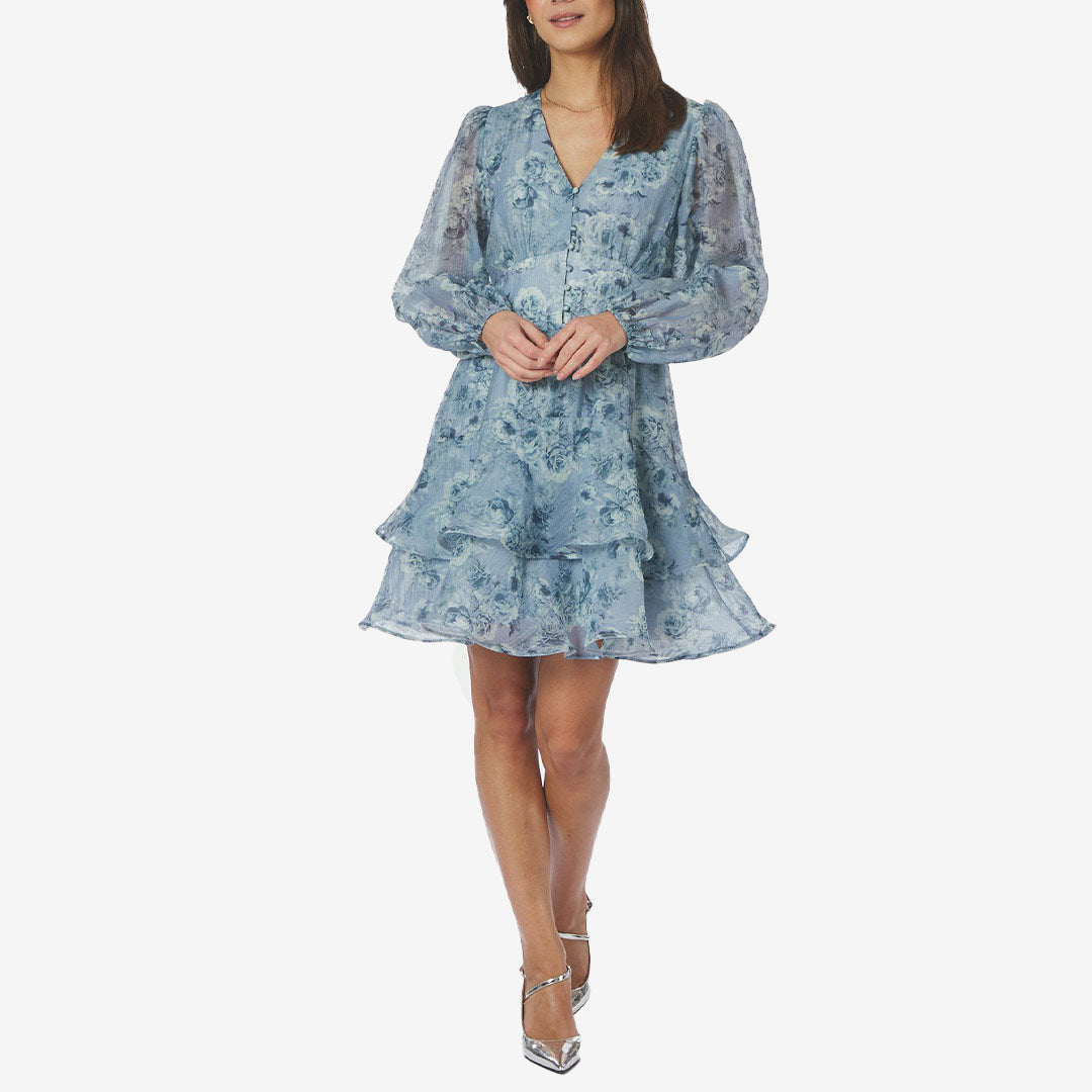 Neo Noir Mabella Crepe Print Dress dusty blue kort klänning för dam med v-ringning