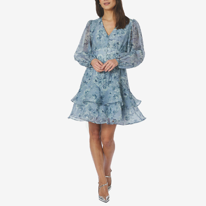 Neo Noir Mabella Crepe Print Dress dusty blue kort klänning för dam med v-ringning