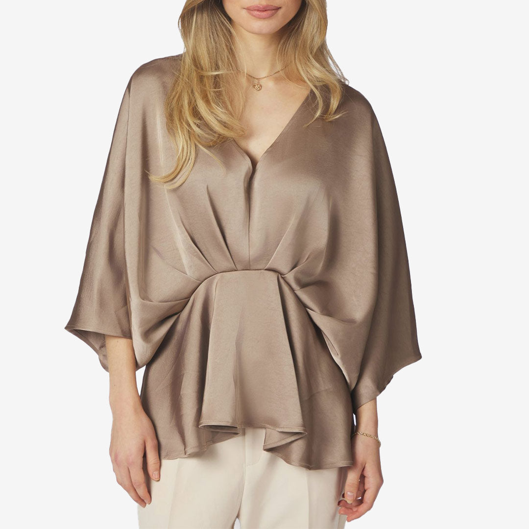 Neo Noir Rivina Heavy Sateen Blouse dark taupe feminin blus för dam med voluminösa ärmar