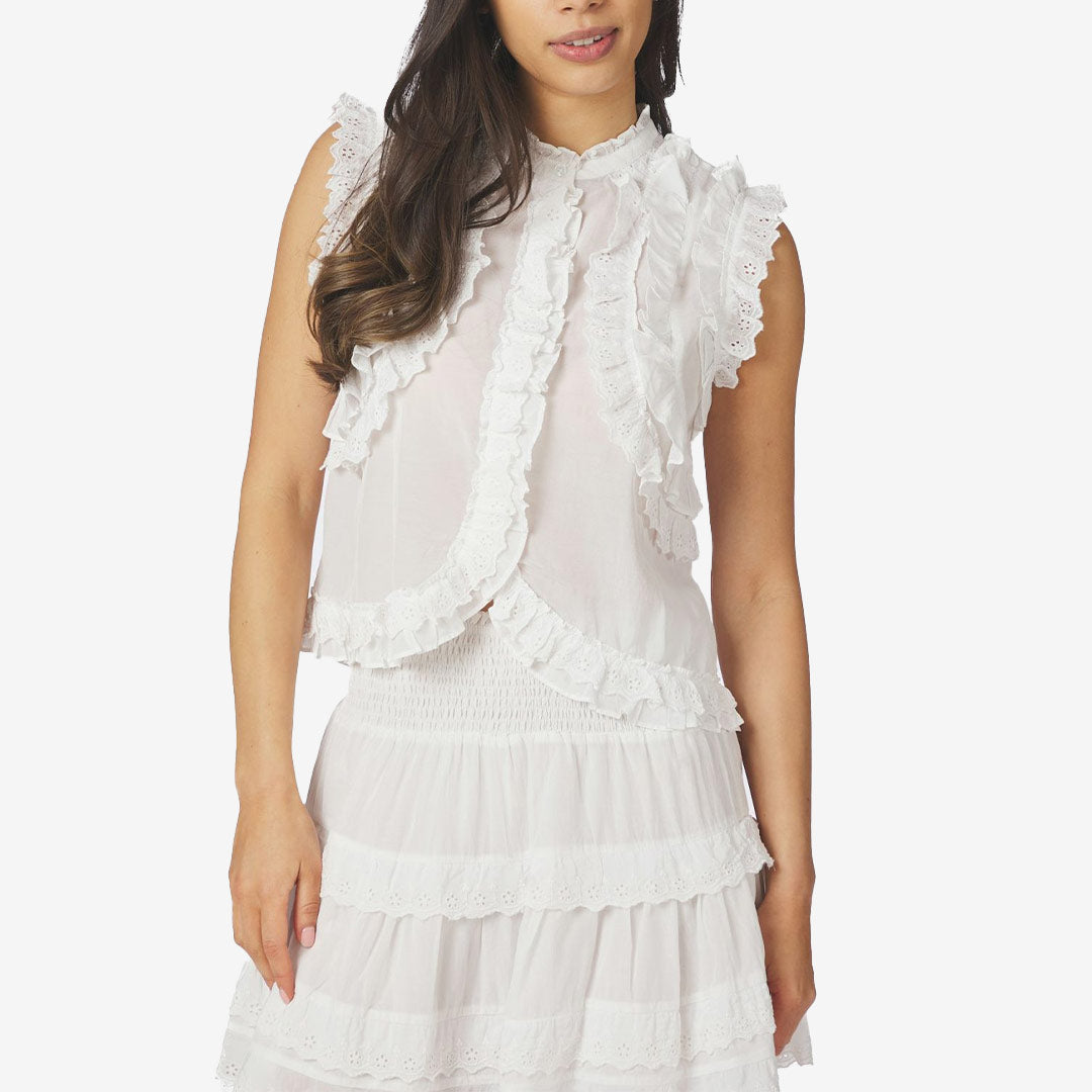 Neo Noir Celia Ruffle Top white ärmlös blus för dam med volangdetaljer