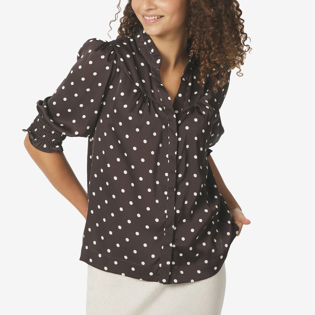 Neo Noir Diana Dot Blouse dark brown prickig blus för dam med smockdetaljer