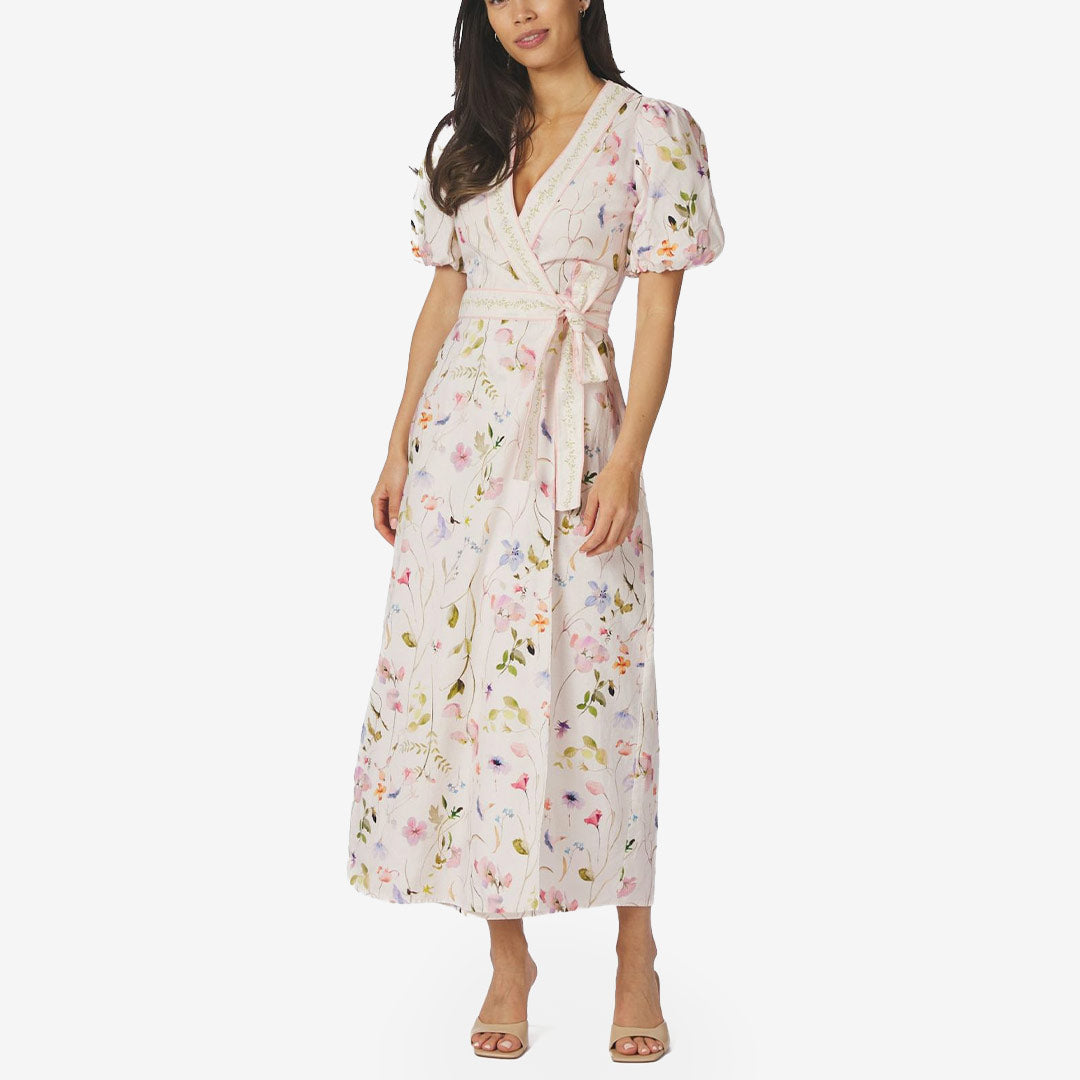 Neo Noir Clarine Flower Dress off white lång blommig klänning för dam med knyt i midjan