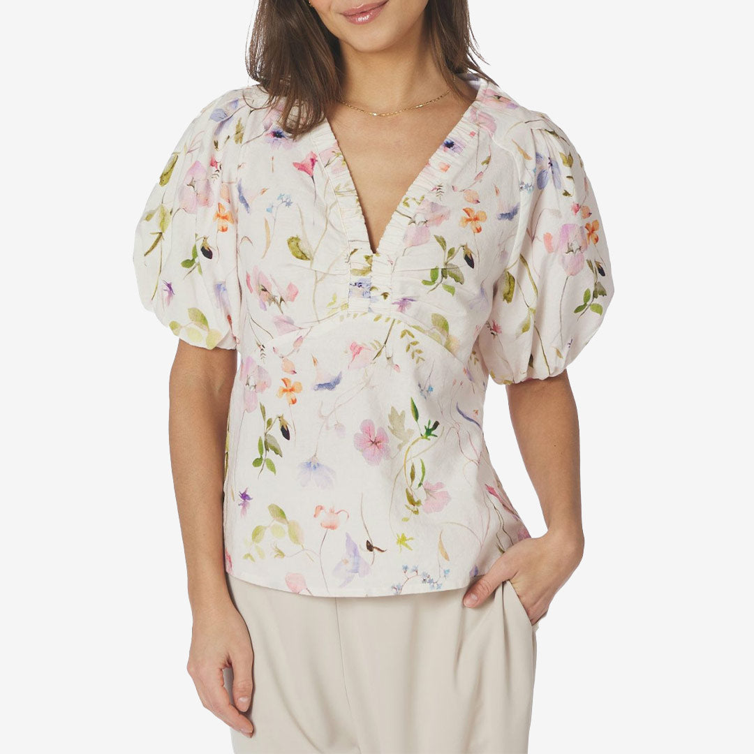 Neo Noir Irina Flower Blouse off white blommig blus för dam med v-ringning