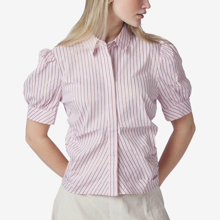 Ljusrosa figursydd skjorta med puffärmar och klassisk krage, Frannie Structure Stripe Shirt
