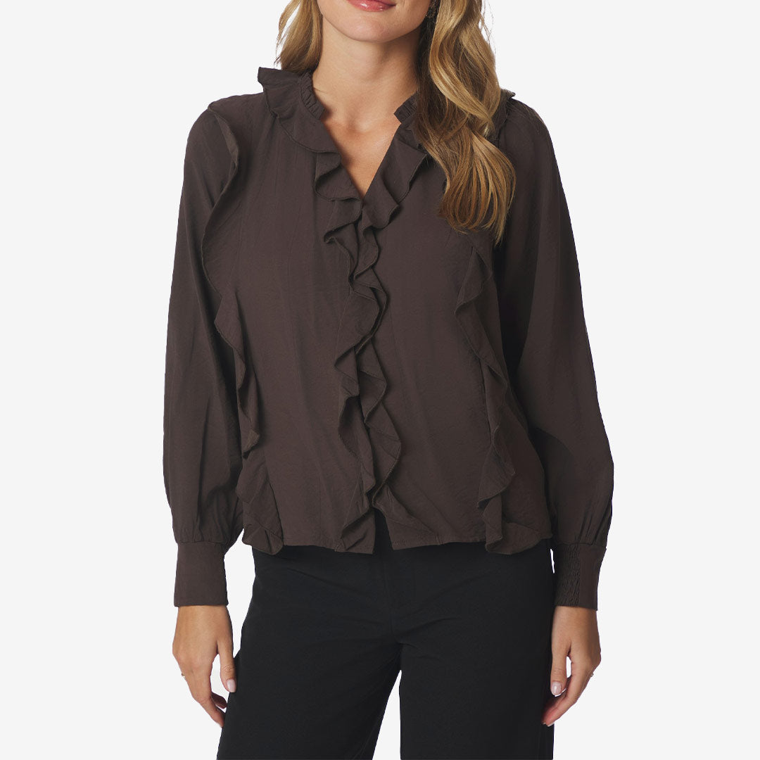 Neo Noir Larine Ruffle Blouse dam Dark Brown 169981