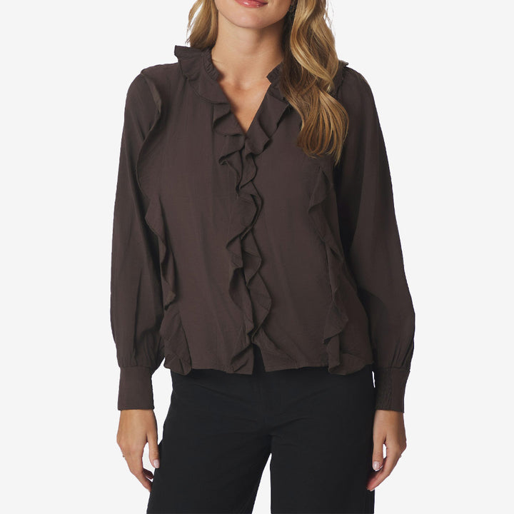 Neo Noir Larine Ruffle Blouse dam Dark Brown 169981