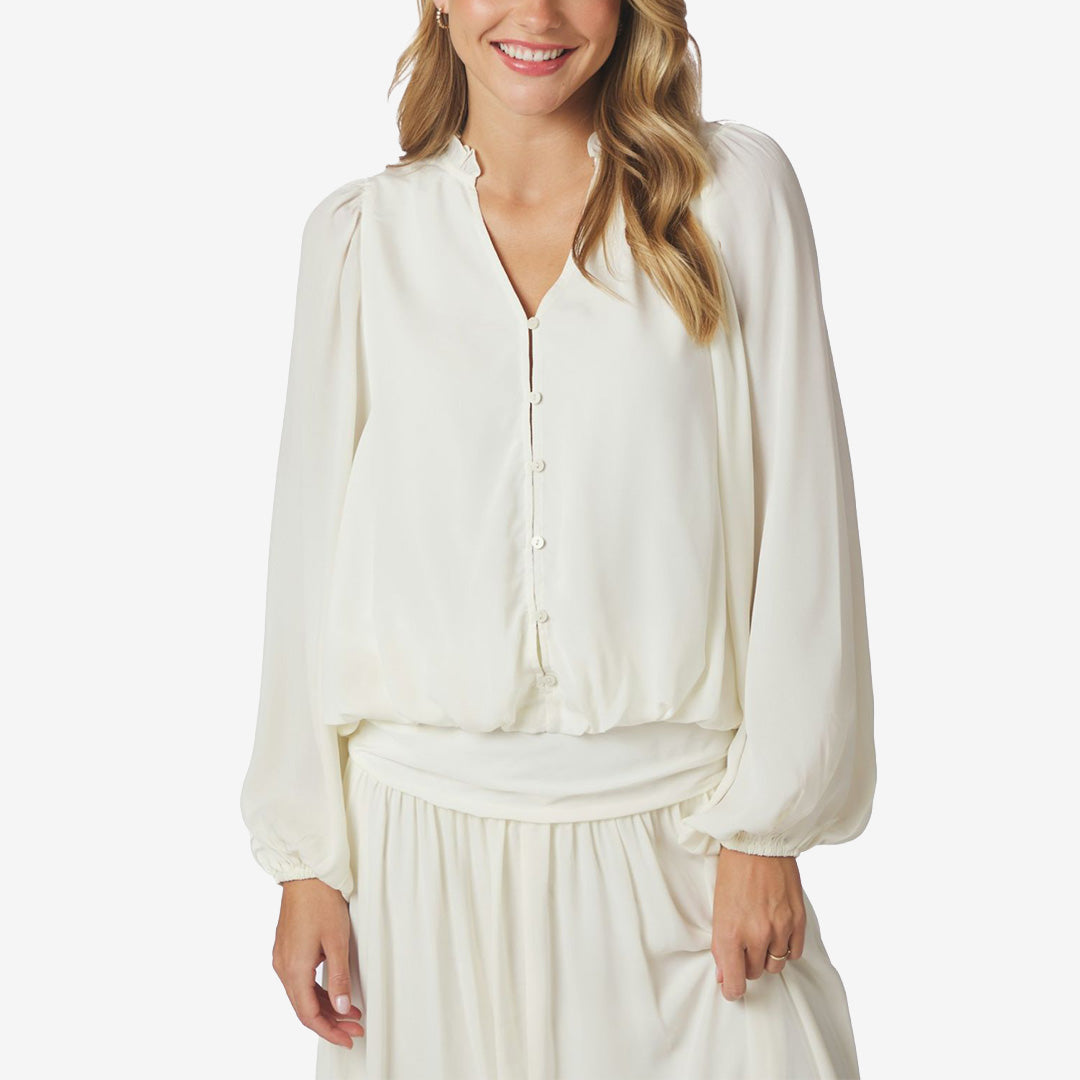 Neo Noir Vivette Woven Blouse i off white med långa puffärmar, v-ringning och knappar framtill för dam