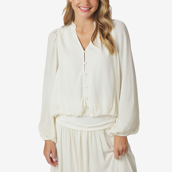 Neo Noir Vivette Woven Blouse i off white med långa puffärmar, v-ringning och knappar framtill för dam