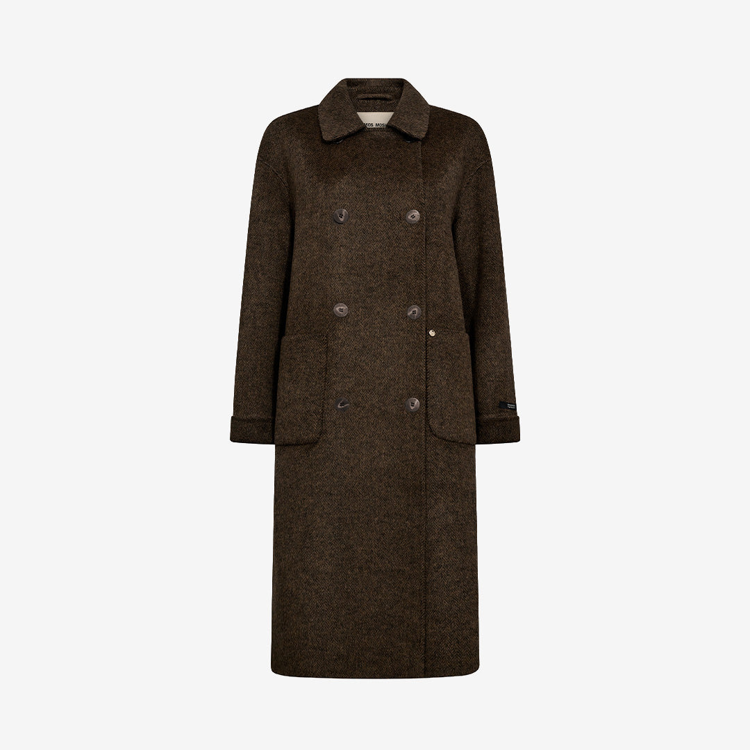 Mos Mosh MMLucca Barkley Wool Coat Slate Black, svartmelerad ullkappa för dam med klassisk krage, knäppning framtill och fickor.