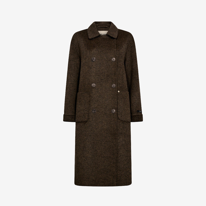 Mos Mosh MMLucca Barkley Wool Coat Slate Black, svartmelerad ullkappa för dam med klassisk krage, knäppning framtill och fickor.