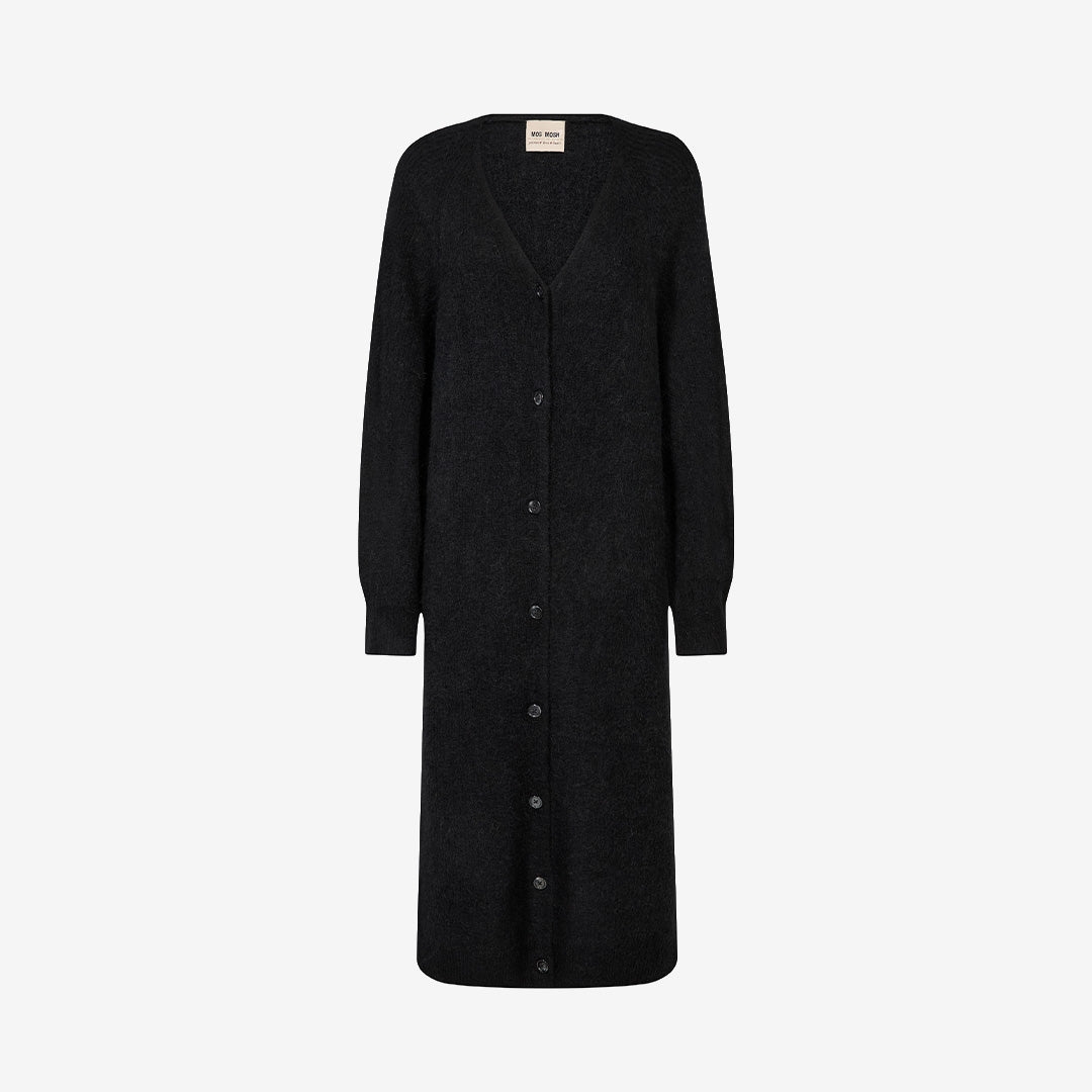 Mos Mosh MMThora Longline Cardigan Black, lång svart stickad kofta för dam i ull- och alpackablandning.