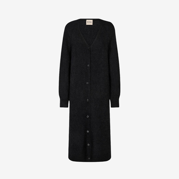 Mos Mosh MMThora Longline Cardigan Black, lång svart stickad kofta för dam i ull- och alpackablandning.