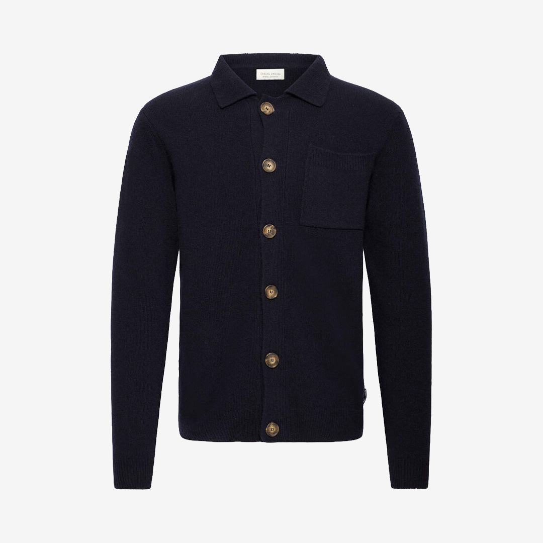 CFRio Lambswool Polo Cardigan Dark Navy Melange stickad kofta i lammullsblandning från Casual Friday
