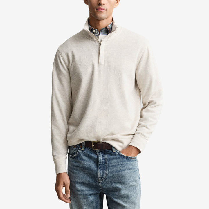 Gant Light Sacker Half Zip i Seed Melange med halv dragkedja, pikékrage och läderdetalj