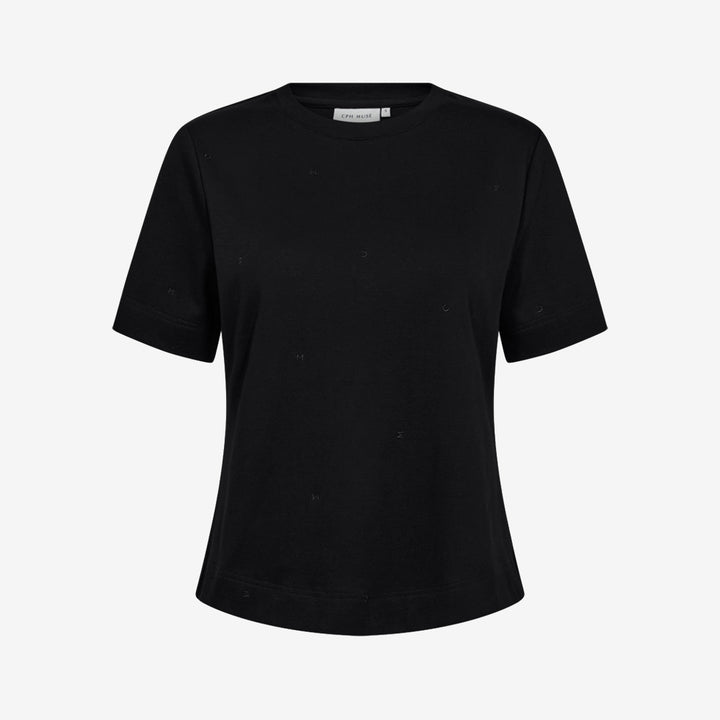 Copenhagen Muse CMMUSE-TEE svart t-shirt i ekologisk bomull med allover logomönster och smal passform, style no 207245