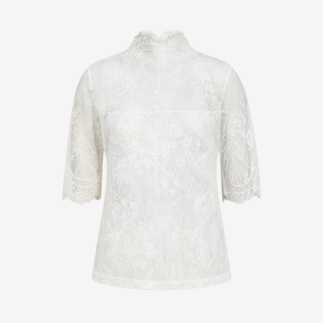 CMLEA-BLOUSE figurnära spetsblus i eyelash-spets med hög hals i färgen Jet Stream