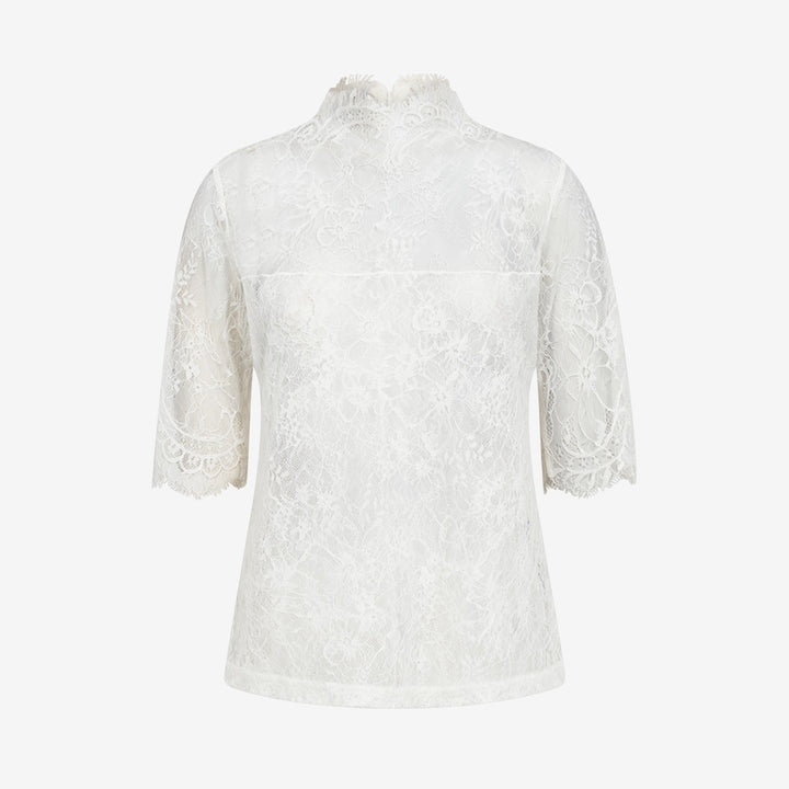 CMLEA-BLOUSE figurnära spetsblus i eyelash-spets med hög hals i färgen Jet Stream